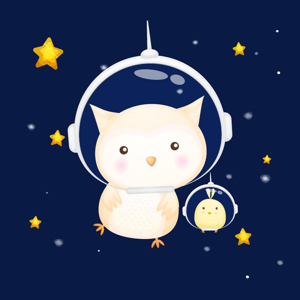 búho lindo bebé con pollitos con casco de astronauta. personaje de dibujos animados de animales vector premium