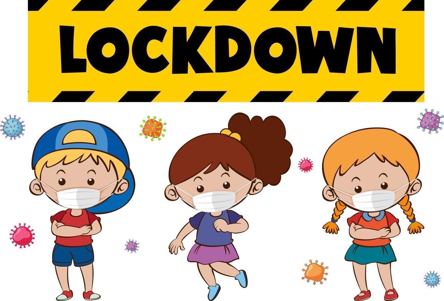 Lockdown font design with many kids wearing medical mask on white background vector