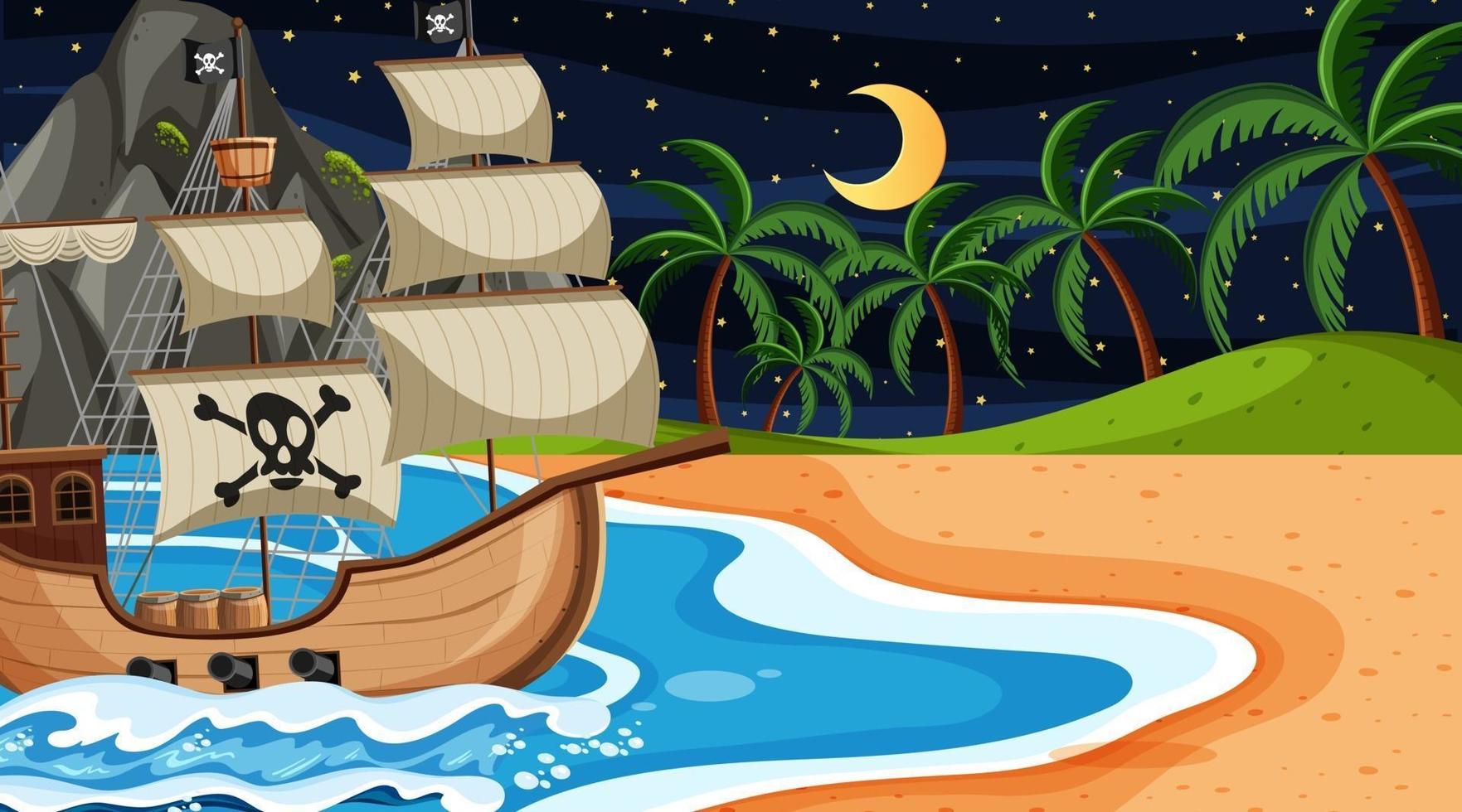 océano con barco pirata en la escena nocturna en estilo de dibujos animados vector