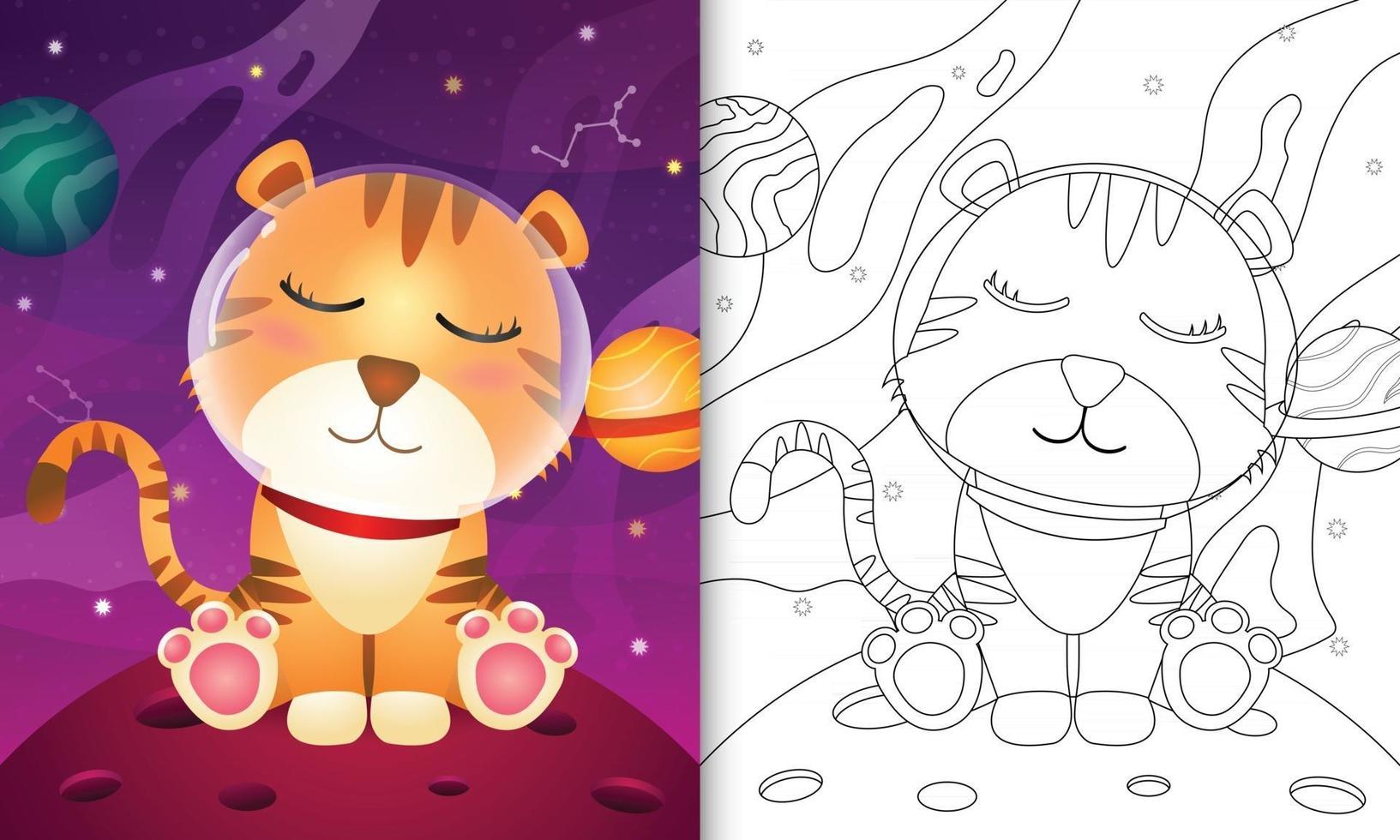 libro para colorear para niños con un lindo tigre en la galaxia espacial vector