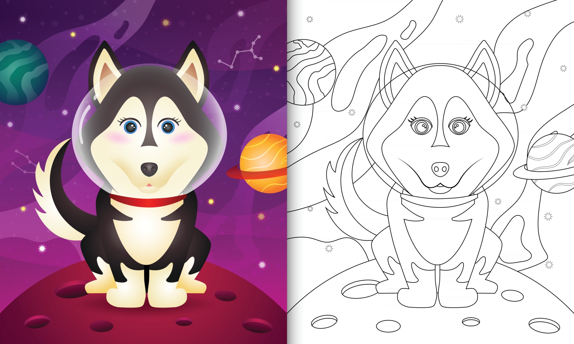 coloring book for kids with a cute husky dog in the space ...