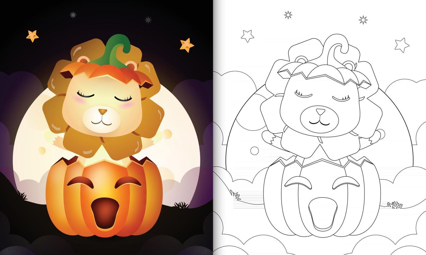 libro para colorear con un lindo león en la calabaza de halloween vector