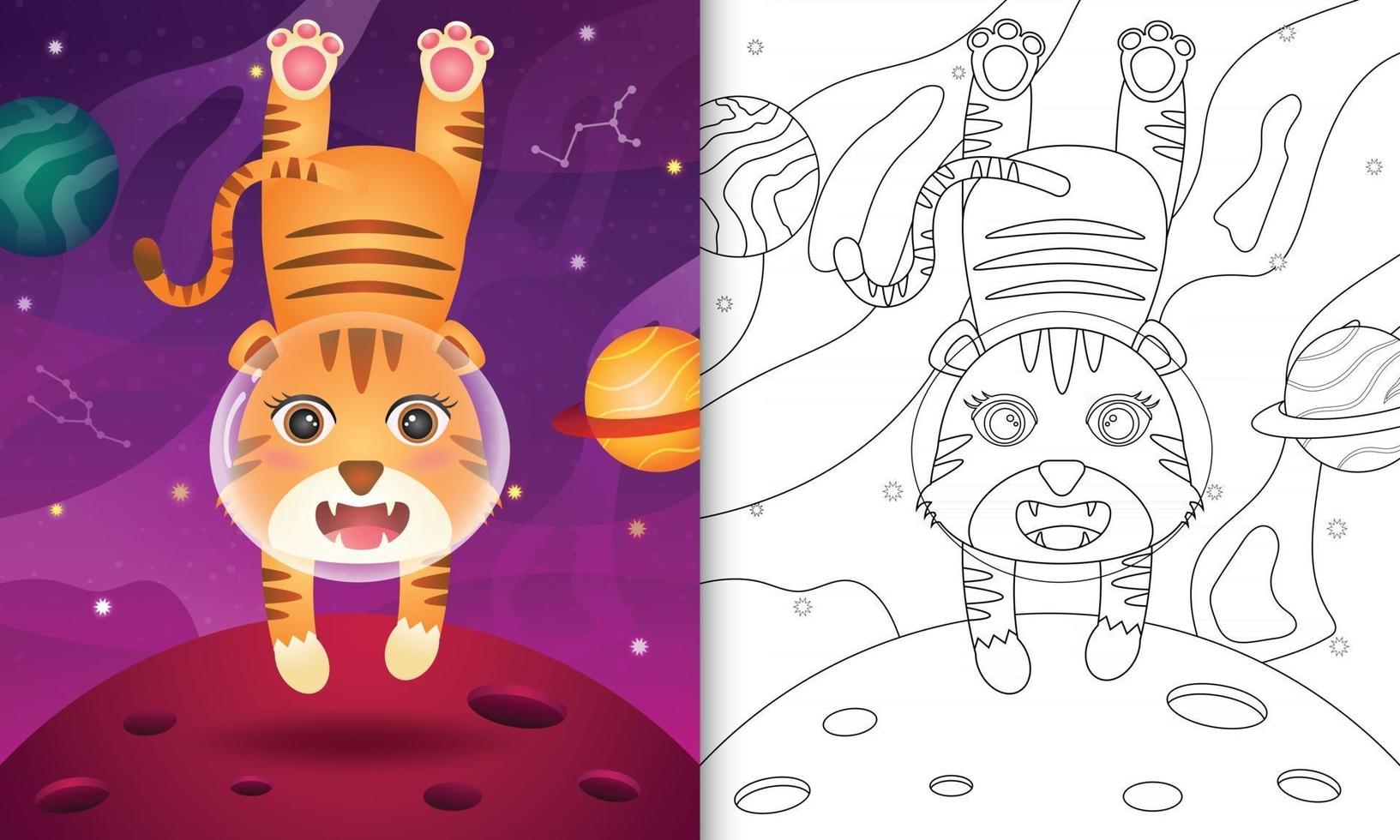 libro para colorear para niños con un lindo tigre en la galaxia espacial vector