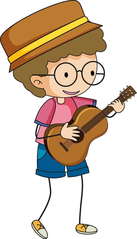 Chico lindo tocando la guitarra acústica doodle personaje de dibujos animados aislado vector