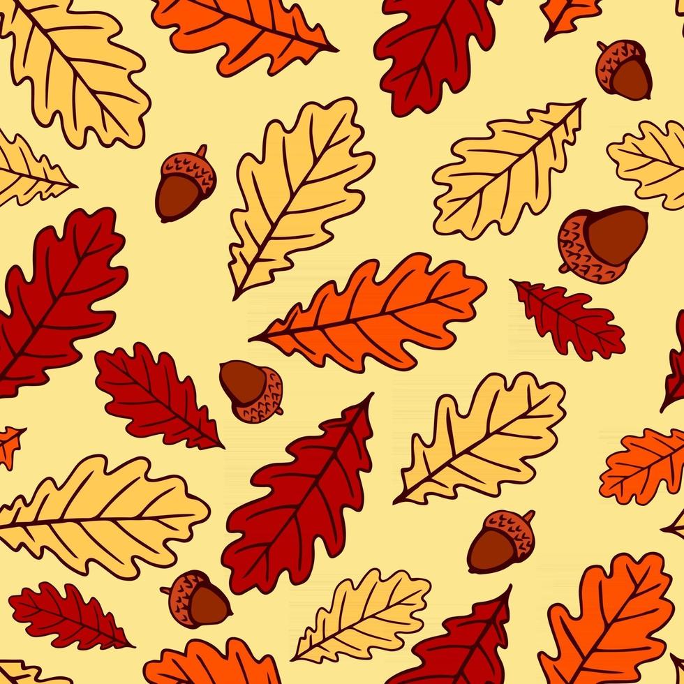 Seamless pattern with acorns and autumn oak leaves in orange, beige, brown and yellow. Perfect for wallpaper, gift paper, pattern fills, web page background, autumn greeting cards. vector