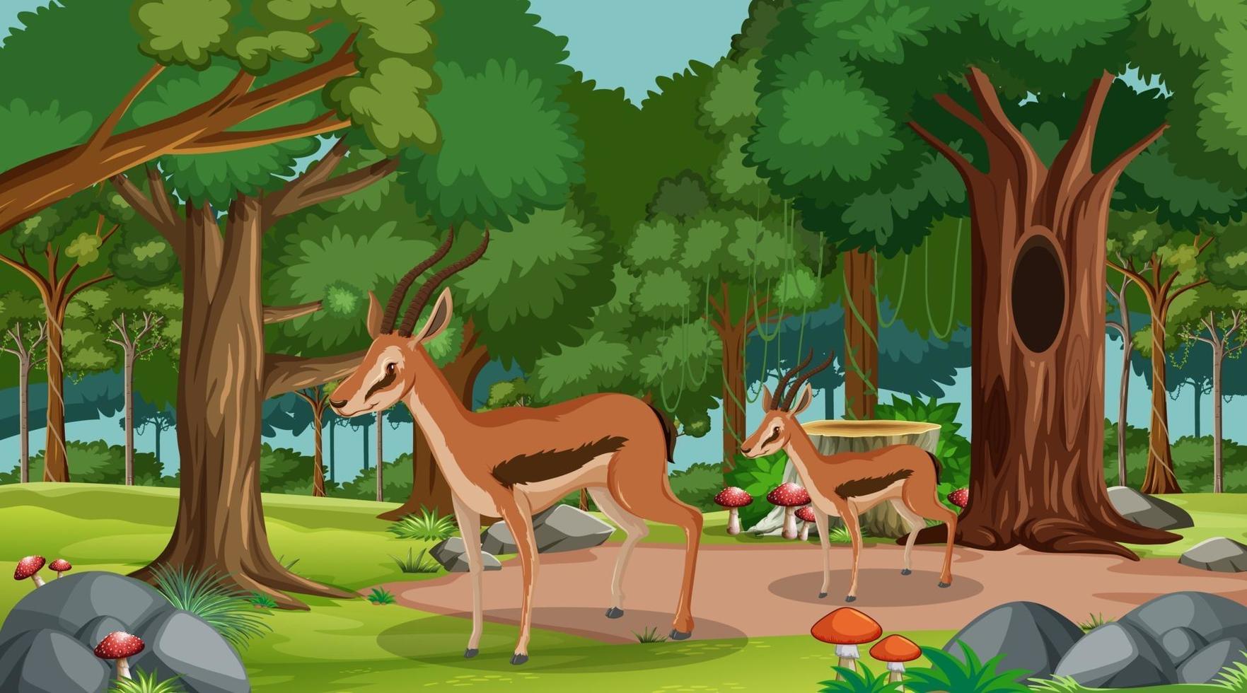 Grupo de impala en el bosque en la escena diurna con muchos árboles vector