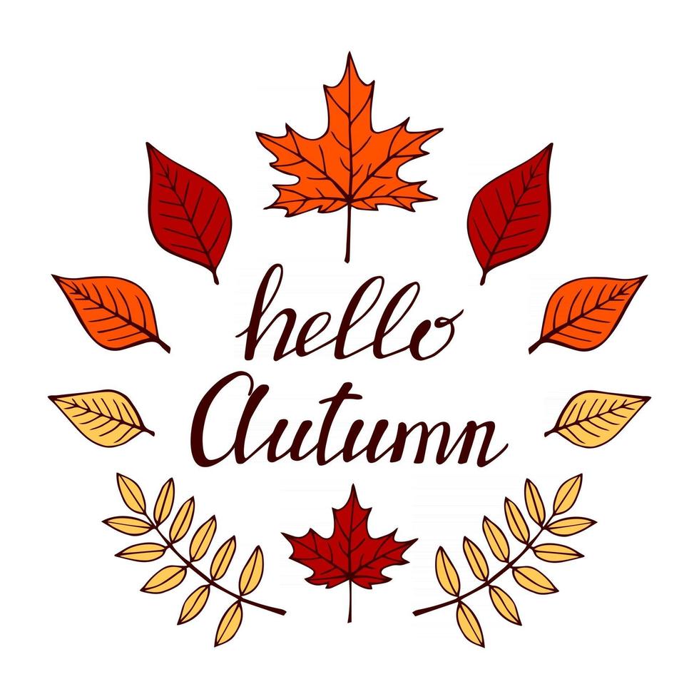 Set of the hand drawn lettering with decorative elements, autumn leaves. Text Hello autumn on the white background. Vector illustration. Perfect for prints, flyers, banners, invitations