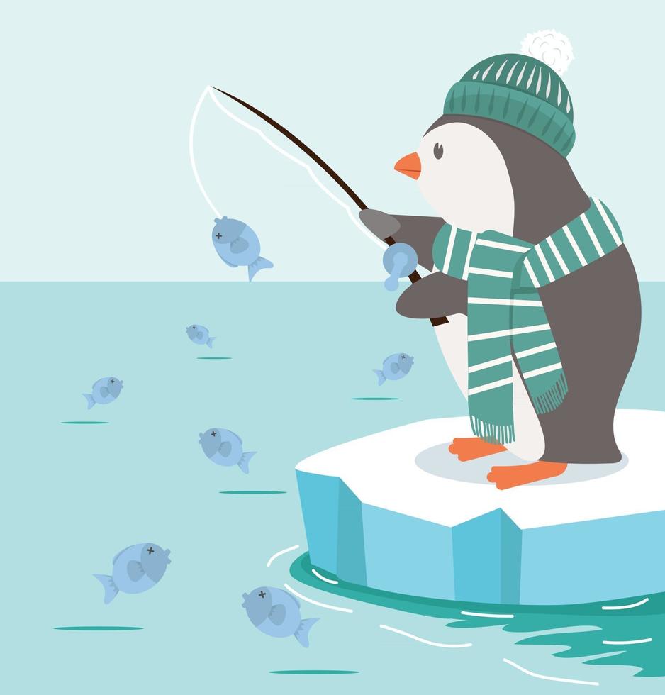 pingüino pescando en el polo norte ártico vector