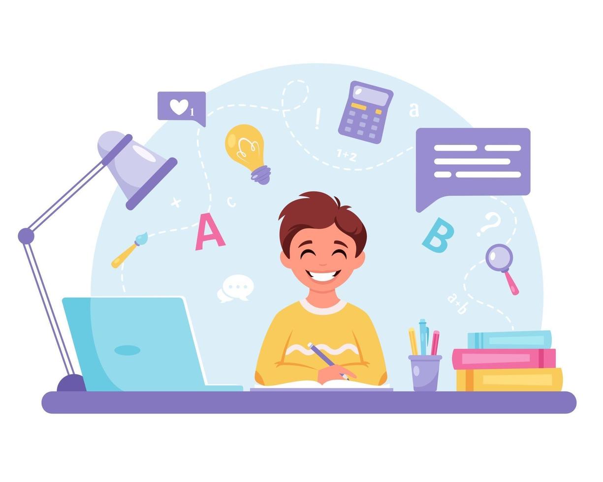 Boy studying with computer. Online learning, back to school concept. vector