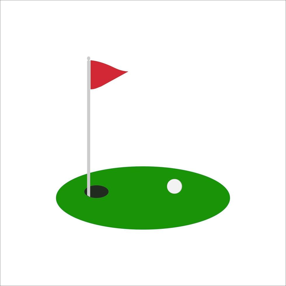 Golf red flag on green grass and hole. Isolated on white background. Flat vector