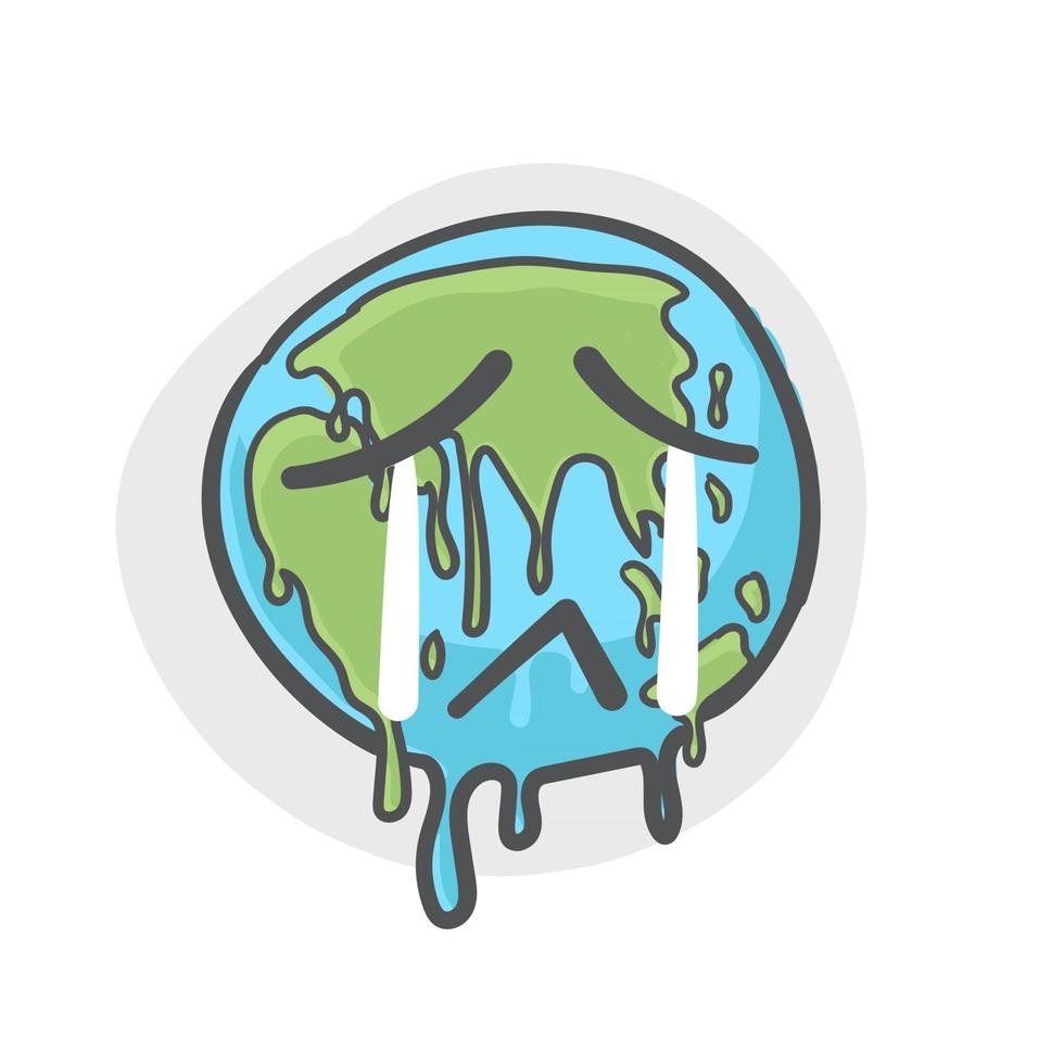 Stop global warming, Earth globe crying and drawn doodle cartoon. vector