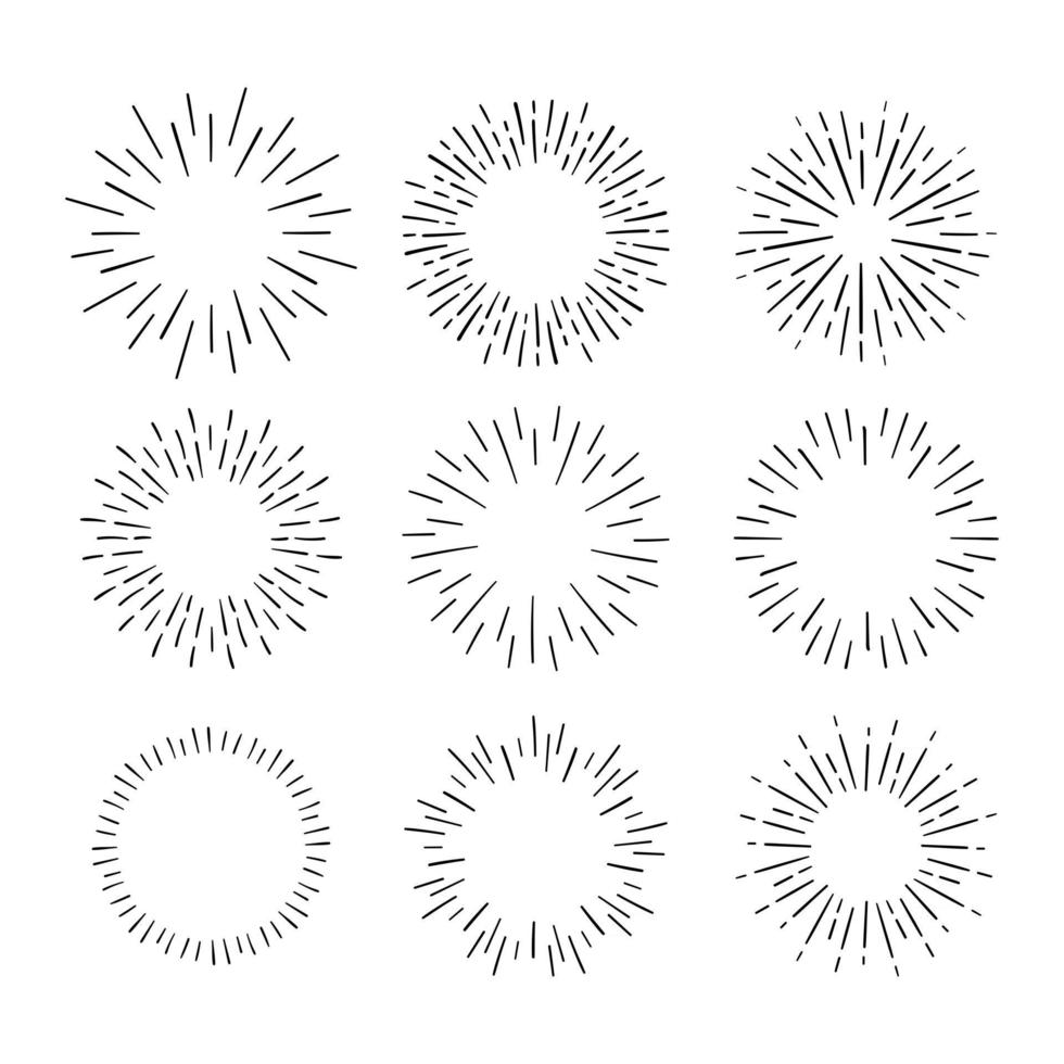 explosión de rayos de sol vintage elementos de diseño dibujados a mano fuegos artificiales rayos negros. conjunto de elementos gráficos sunbursts negros. vector