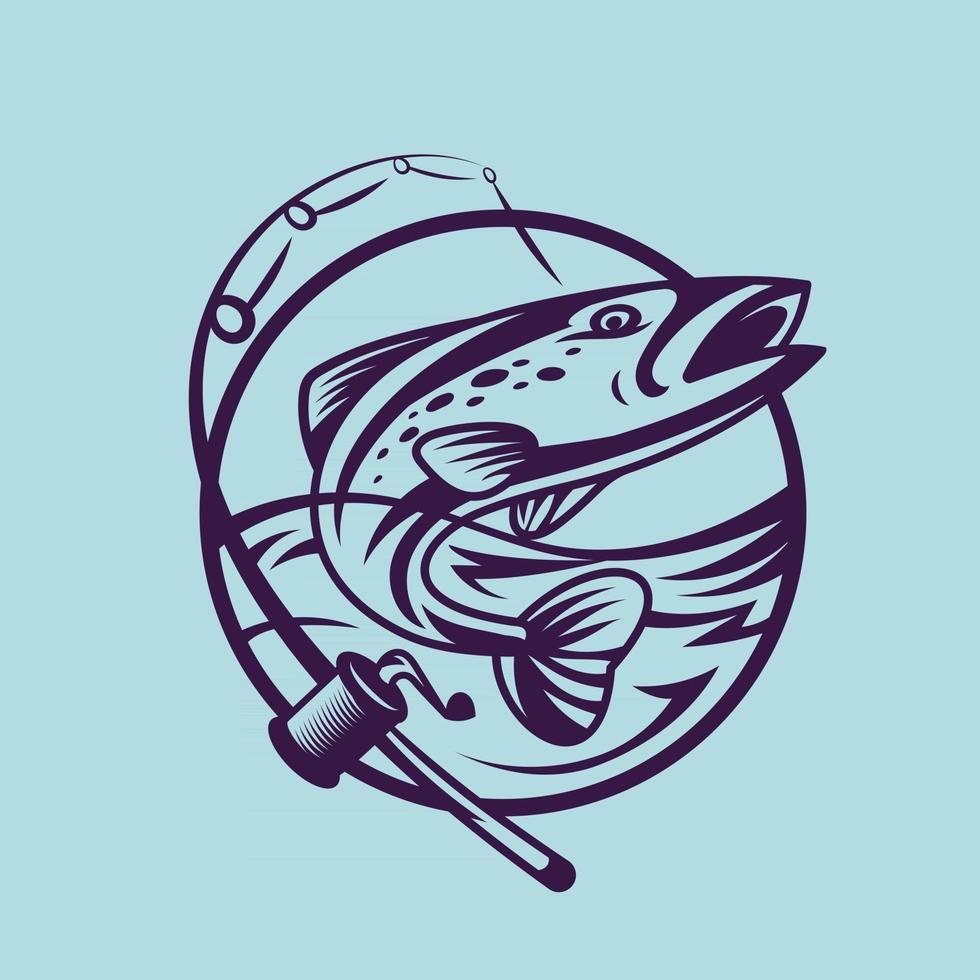 Salmon with spinning rod. Concept art of fishing in monochrome style. vector