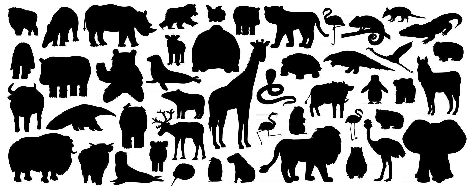 conjunto de silueta de dibujos animados aislado sabana animales del bosque afroamericano. vector tigre león rinoceronte búfalo cebra elefante jirafa cocodrilo tapir hipopótamo oso orangután pingüino flamenco