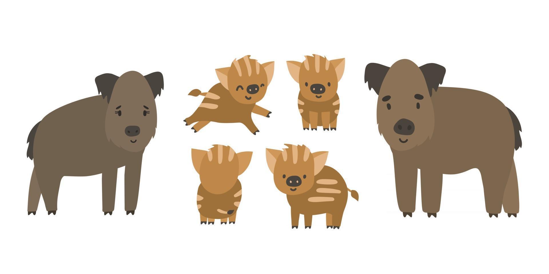 Cute forest boar and piglets family. Vector cartoon isolated hand drawn set of animals, illustration on white background