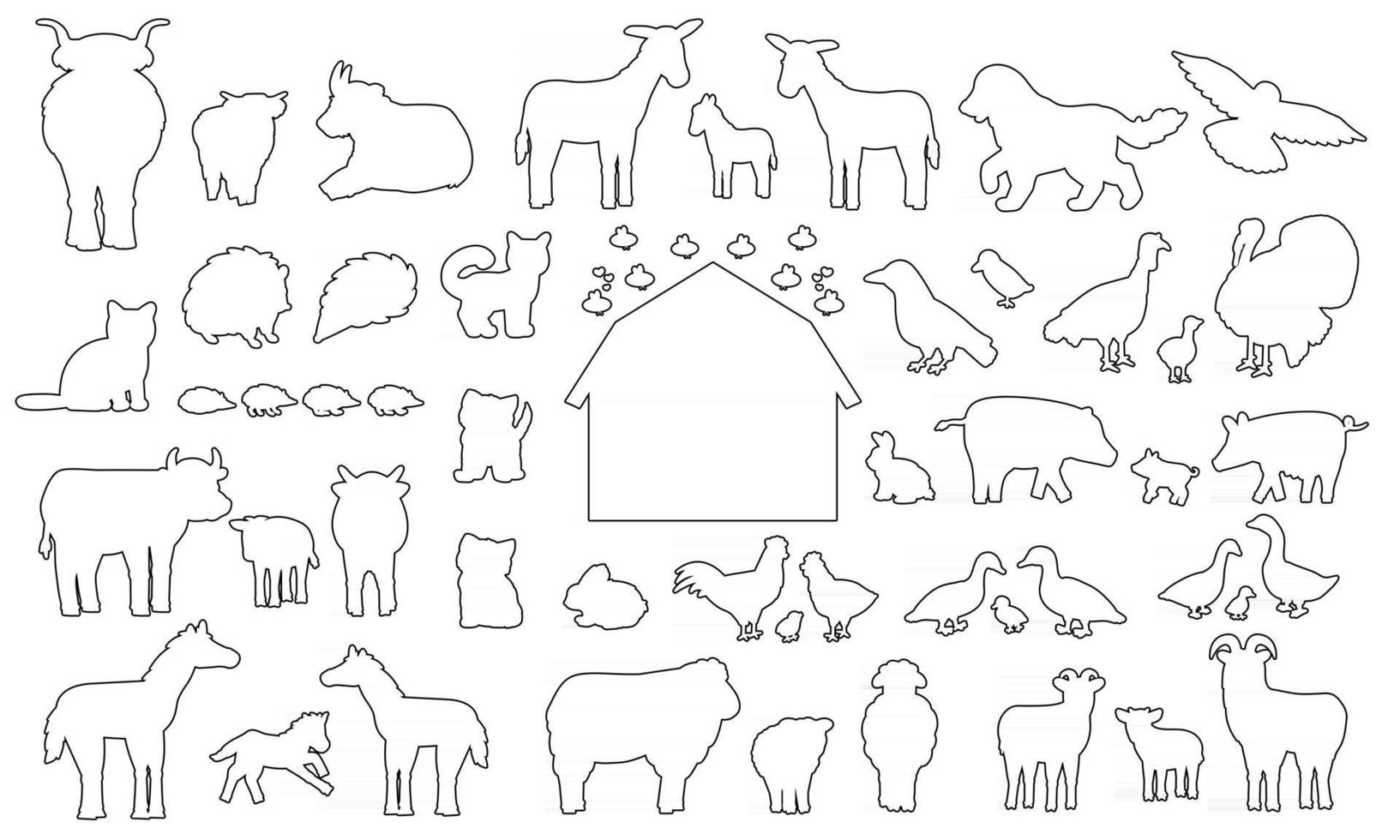 gran conjunto de iconos de animales de granja de dibujos animados de silueta de doodle. vector colección de burro ganso vaca toro cerdo cerdo gallina gallina gallo cabra oveja pato caballo pavo gato perro erizo conejo conejito aves