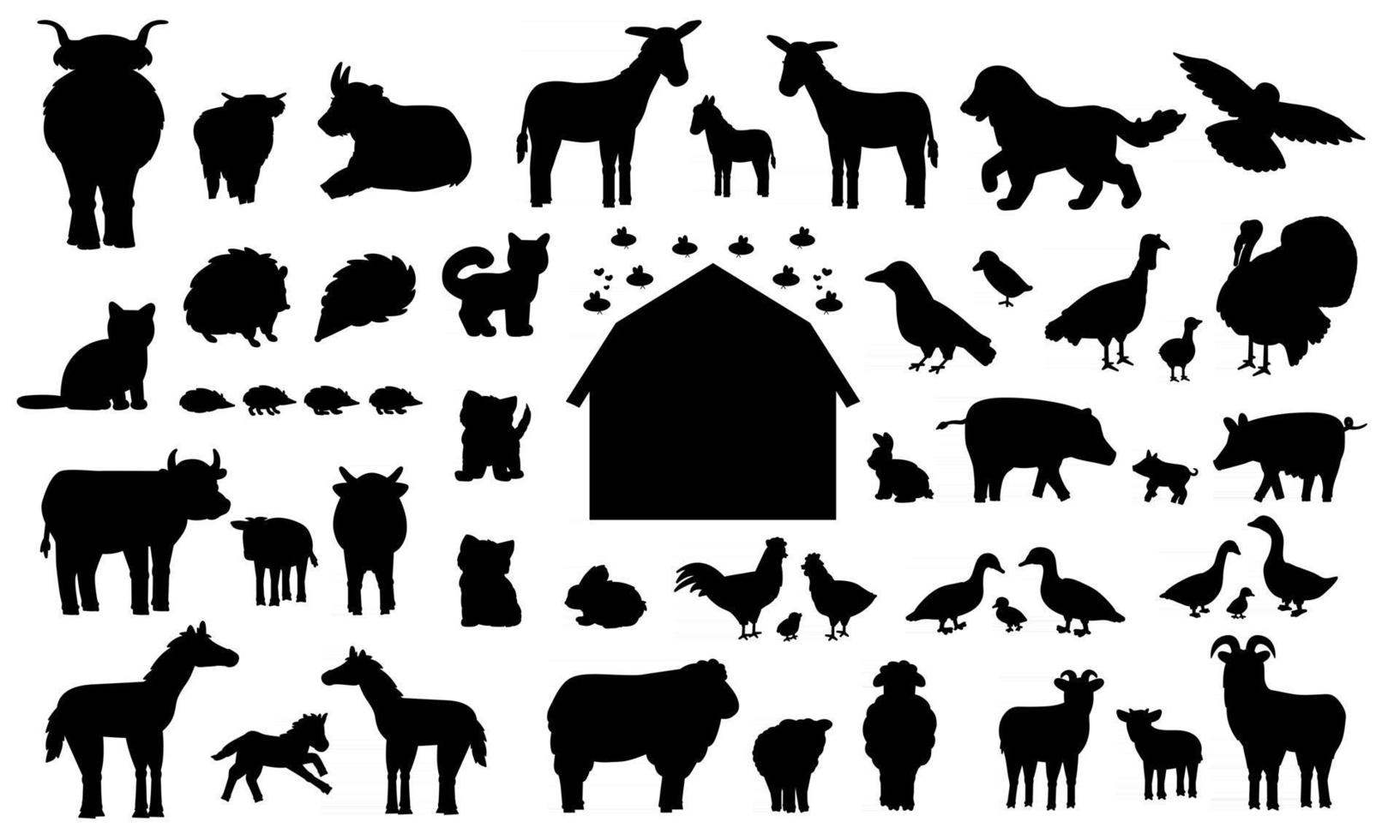 conjunto de silueta de animales de granja de dibujos animados. vector colección de granero de madera, burro ganso vaca toro cerdo cerdo pollo gallina gallo cabra oveja pato caballo pavo gato perro erizo conejo conejito aves