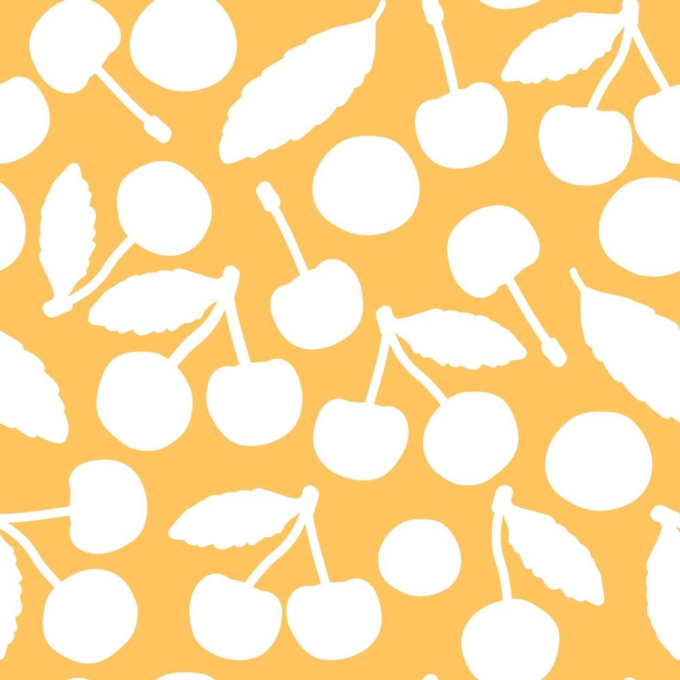 patrón transparente de verano amarillo. vector de dibujos animados lindo aislado dibujado a mano silueta blanca cereza