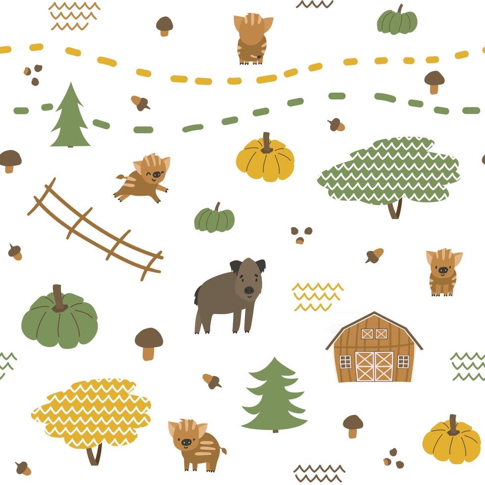Autumn Seamless pattern of boar, piglets family. Vector childish illustration of hand drawn leaves, acorn, pumpkin, mushrooms, barn, fence, christmas trees