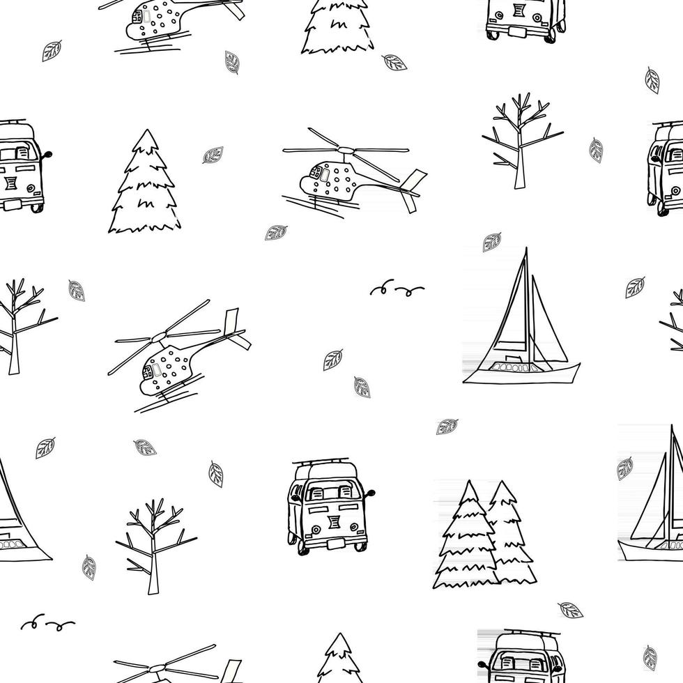 Black white repeat seamless pattern of helicopter, yacht, travel bus, trees, christmas trees, leaves on white background for coloring book vector