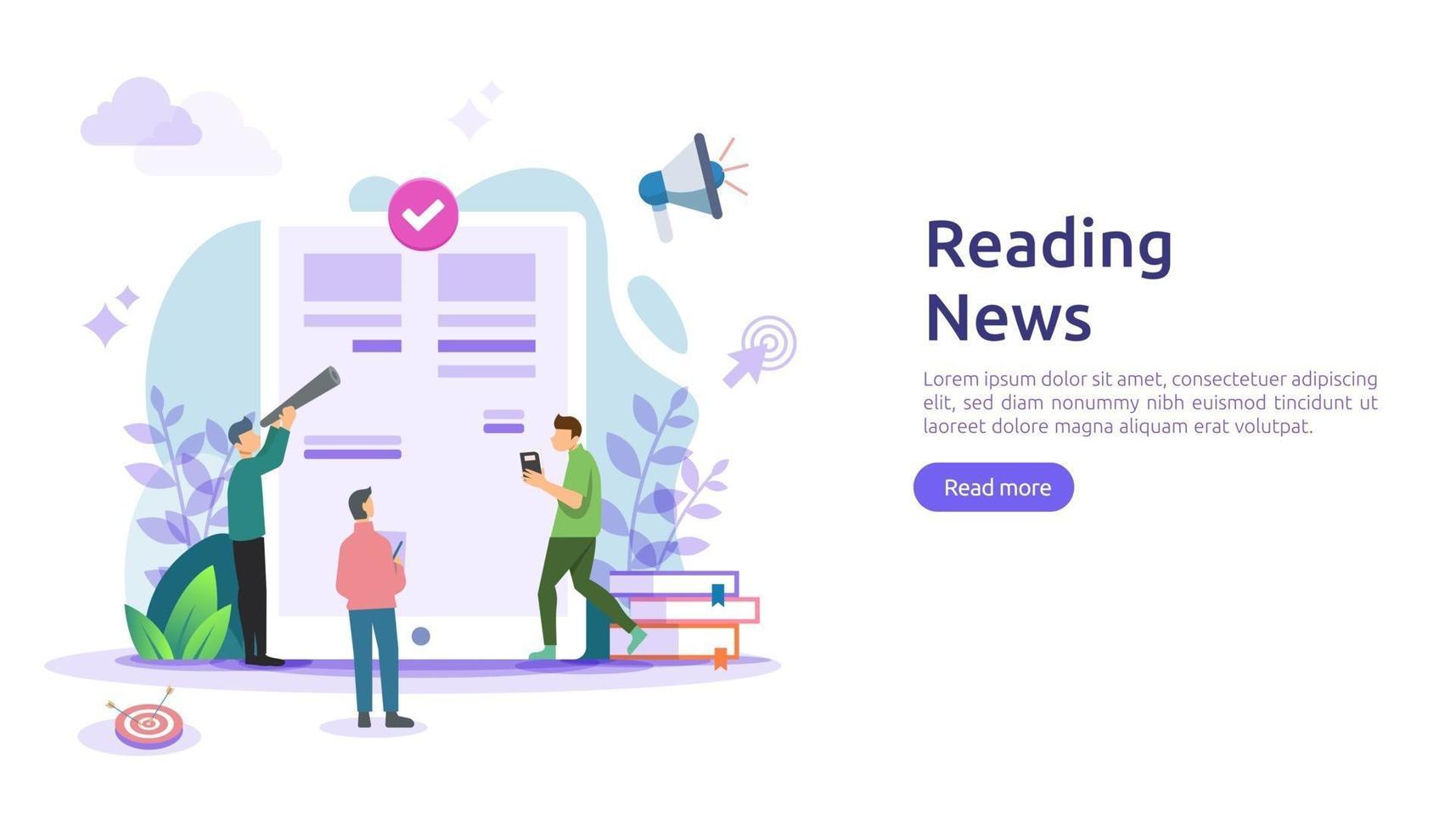 reading newspapers and online news article media on smartphone concept with people character. flat illustration template for web landing page, banner, presentation, social, poster, ad or print media vector