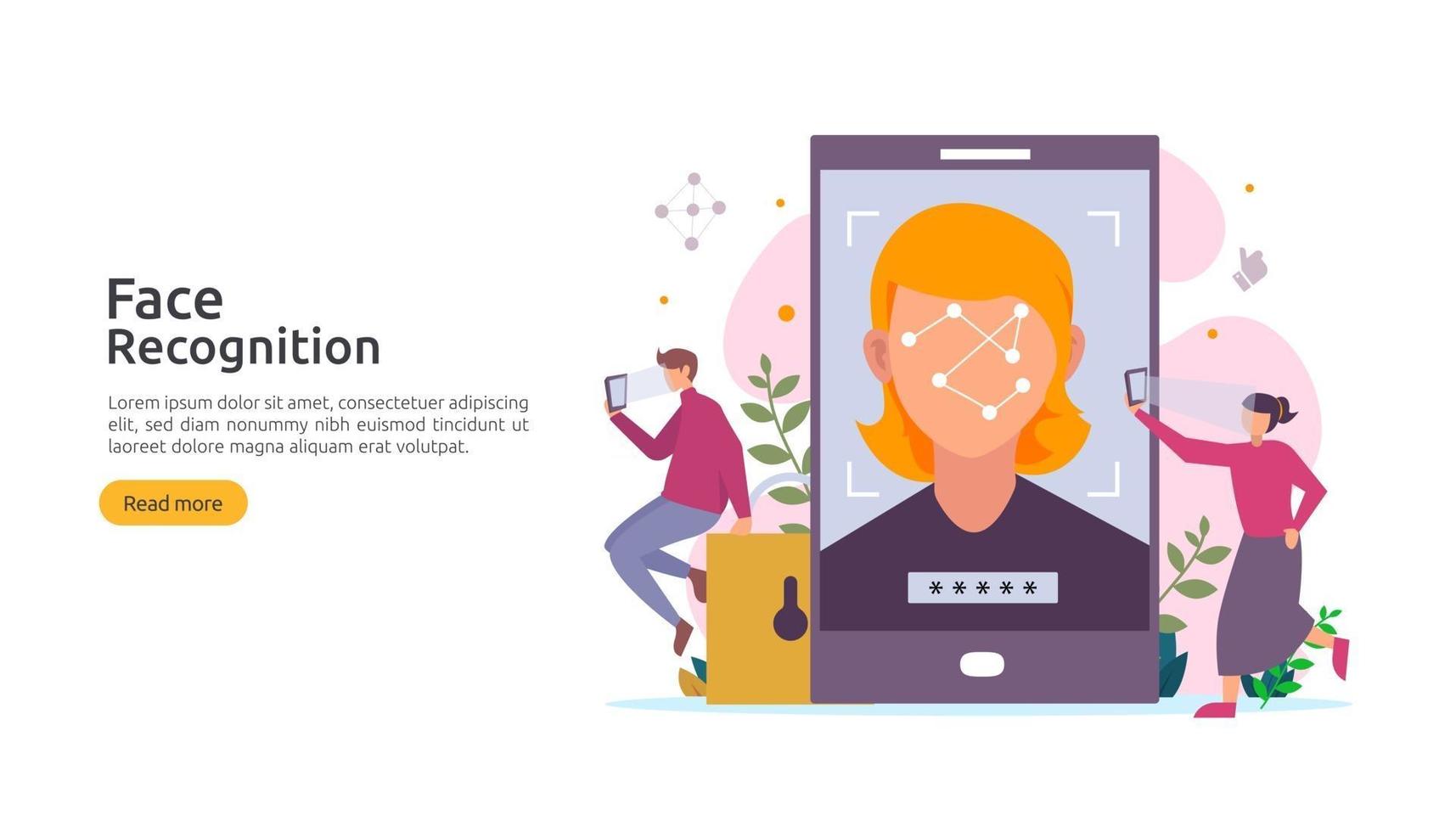 Face recognition data security design. facial biometric identification system scanning on smartphone. web landing page template, banner, presentation, social, poster, ad, promotion or print media. vector