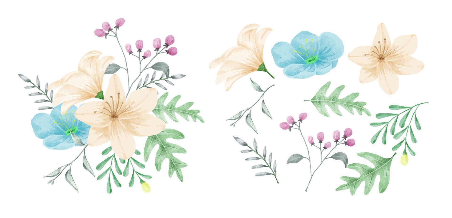 A set of flowers painted in watercolor vector