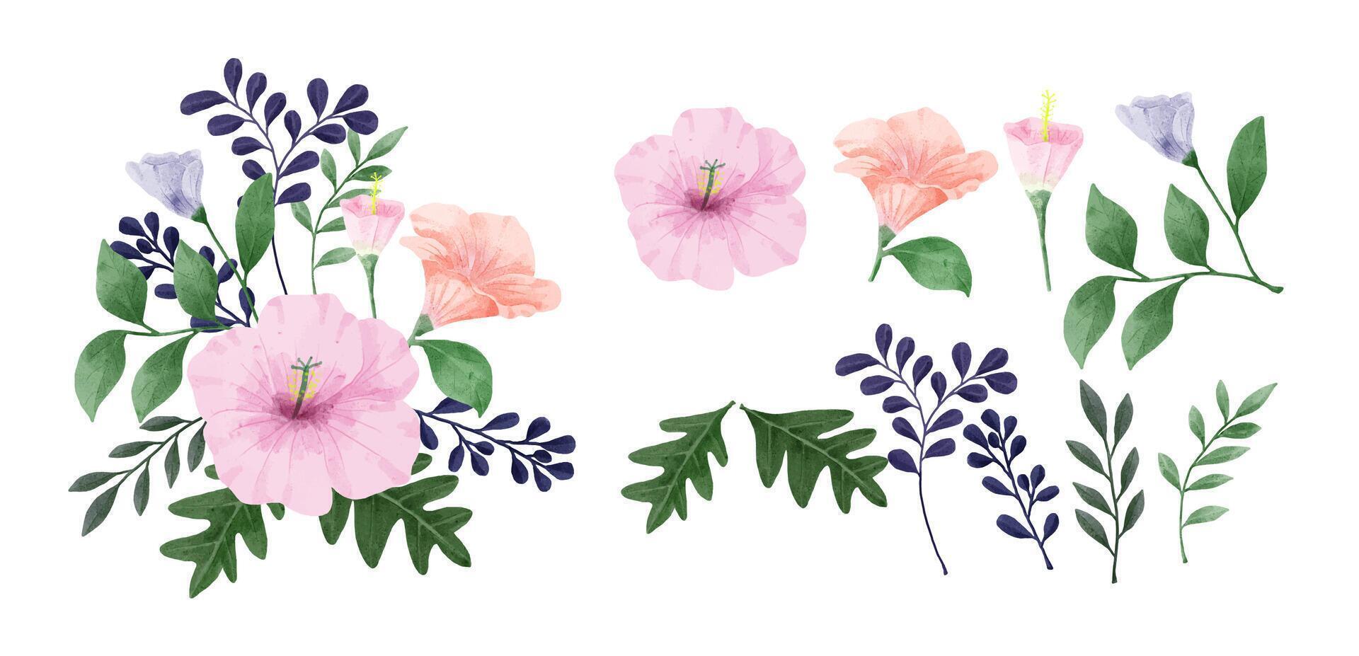 un conjunto de flores pintadas en acuarela vector