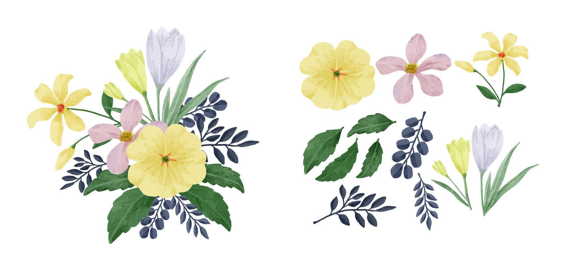 un conjunto de flores pintadas en acuarela vector