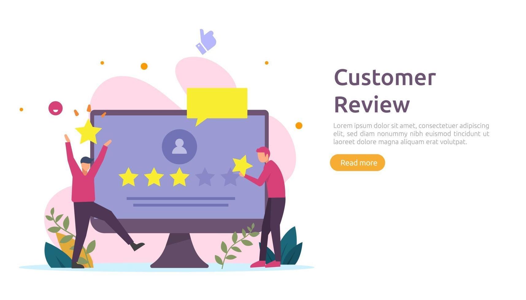 Customer review rating concept. people character giving feedback evaluation. satisfaction level and critic support with smartphone for web landing page, social, poster, ad, promotion or print media vector