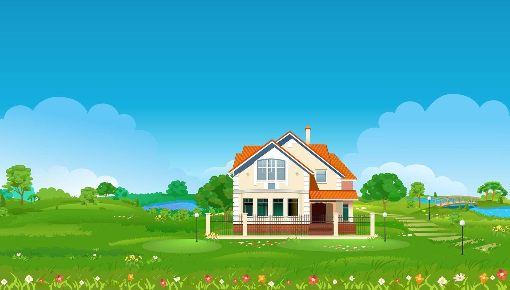 Summer meadow with a house, ponds, green trees and flowers. Summer village landscape. Vector illustration