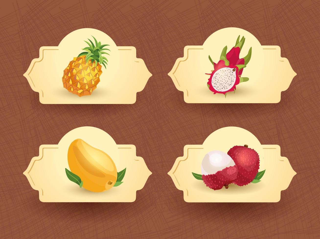 Vector logo for exotic thai fruits, fruits from thailand, packaging sticker, decorative badge with thai fruits illustration. Pineapple, dragon fruit, mango, litchi. Vector illustration