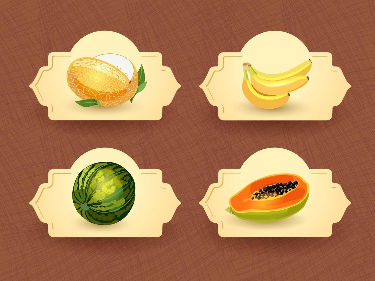 logotipo vectorial para frutas exóticas tailandesas, frutas de tailandia, etiqueta de embalaje, insignia decorativa con ilustración de frutas tailandesas. melón, plátano, sandía, papaya. ilustración vectorial vector