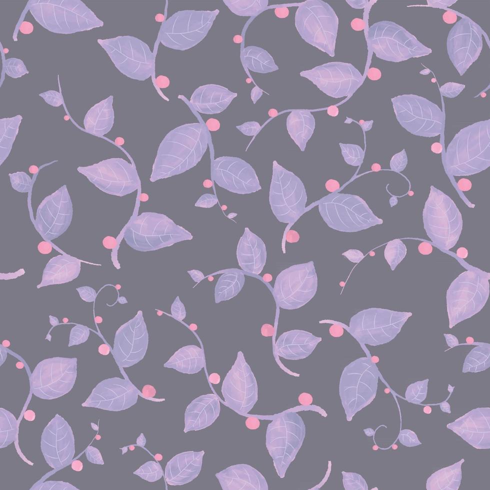 Watercolor seamless pattern with purple leafs and branches. Hand drawn summer textile decoration botanical floral illustration on dark background vector