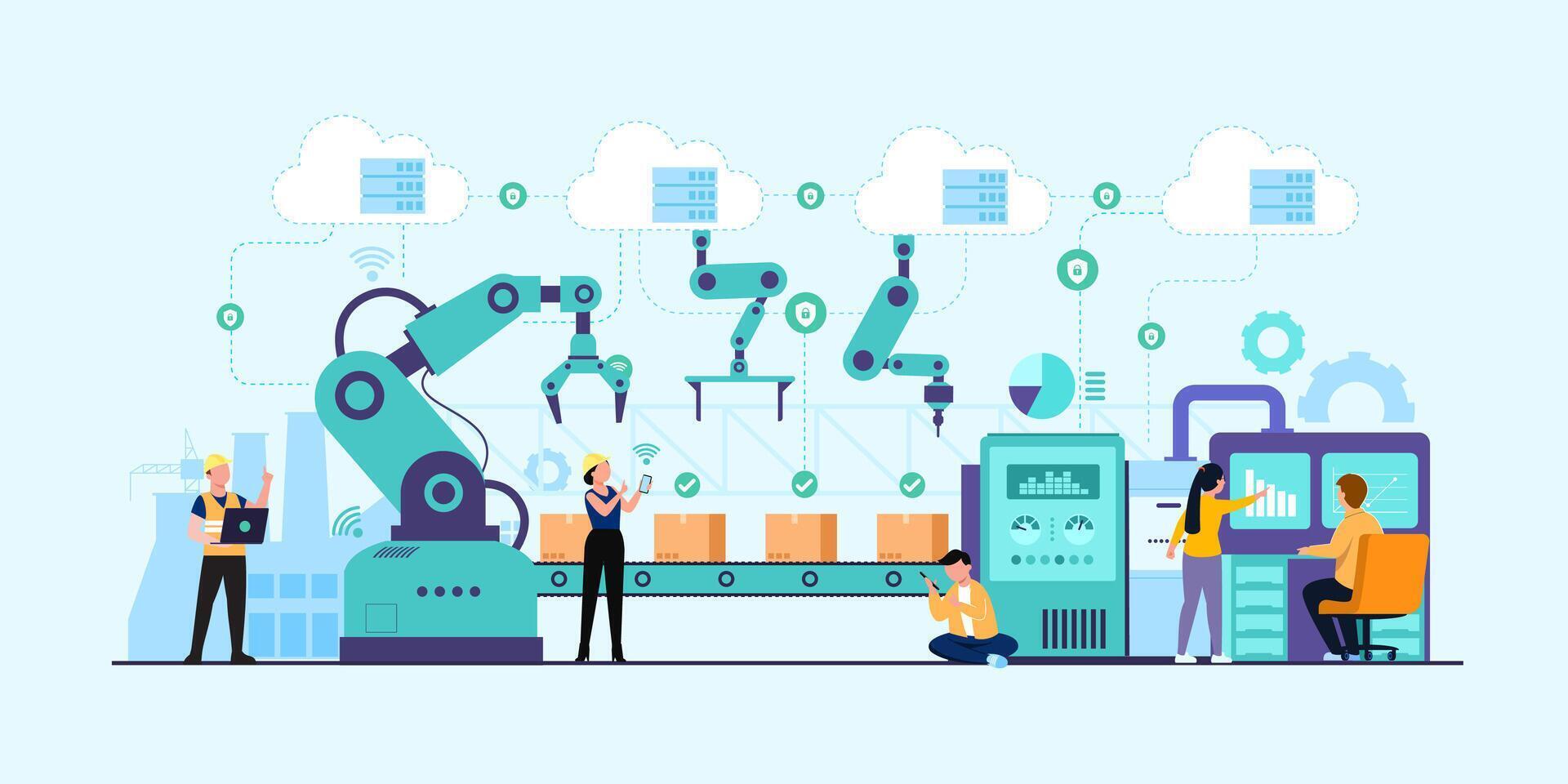 Industria 4.0 fábrica trabaja brazo robótico. revolución industrial inteligente vector