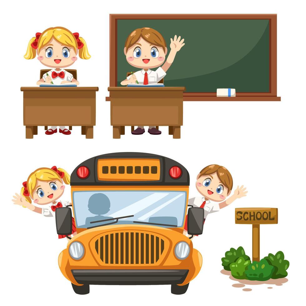 Set of kids in student uniform back to school vector