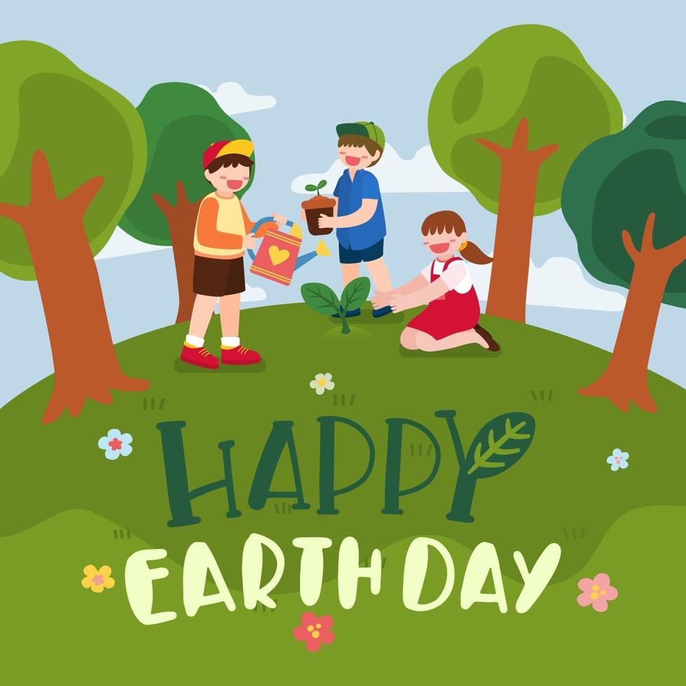 día de la tierra y día mundial del medio ambiente con niños plantando vector