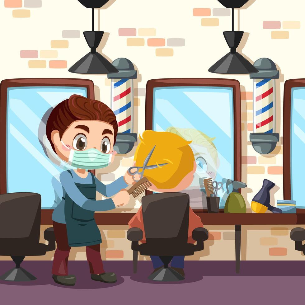 Professional barber making haircut to client with scissors vector