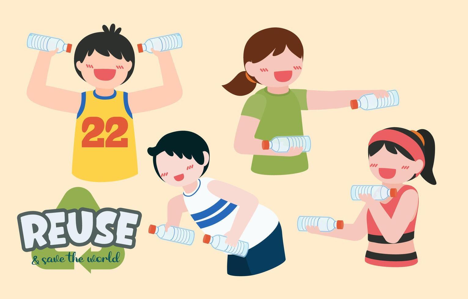 conjunto de personas reutilizan botellas de plástico para vector de dibujos animados de ejercicio