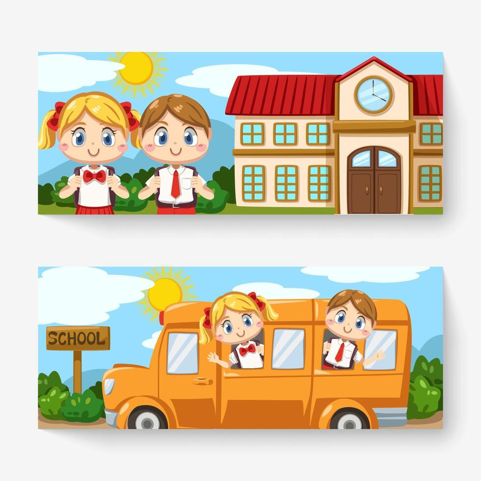 Banner of lovely kids in student uniform back to school vector