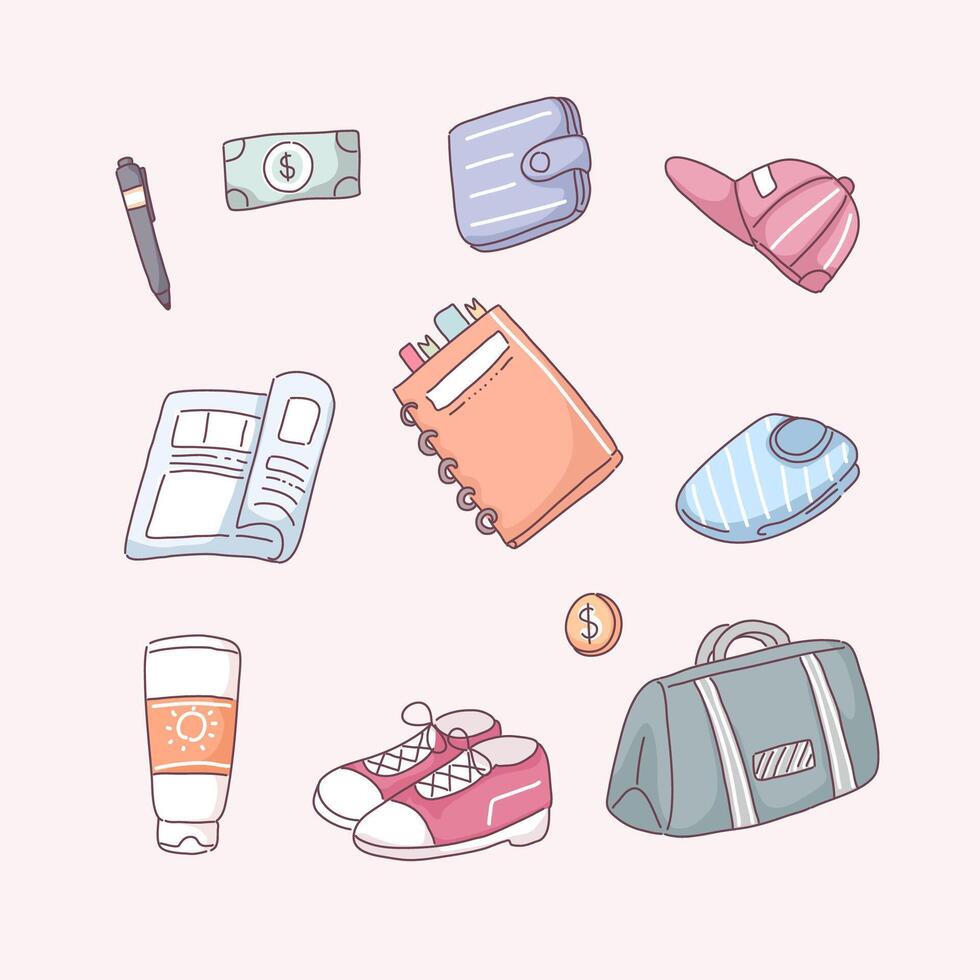 Set of tourists items in cartoon vector illustration