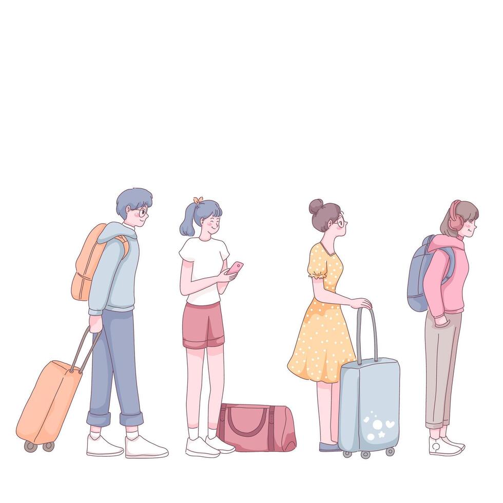 Tourists lined up to checking in cartoon vector illustration