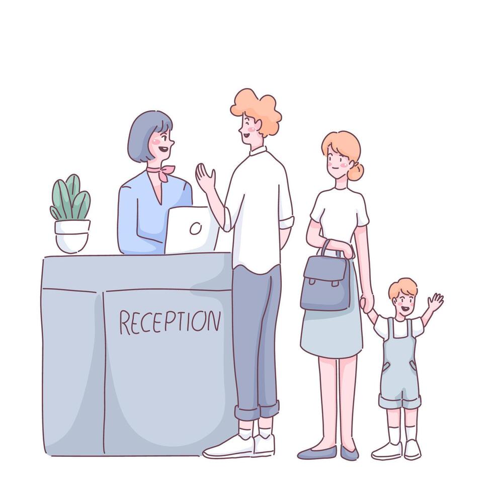 Tourist families check in accommodation in cartoon vector