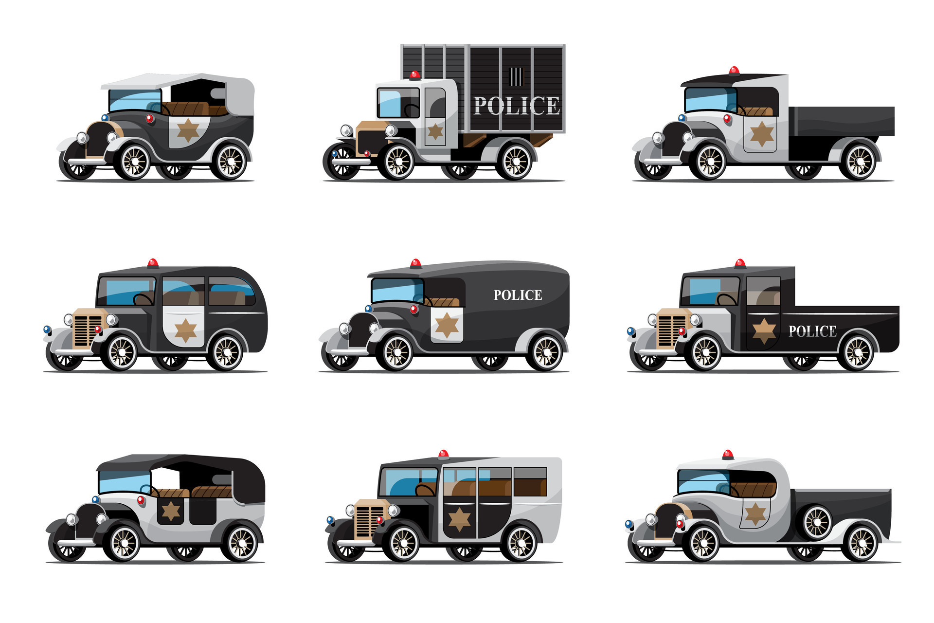 set-of-three-types-of-police-cars-in-vintage-design-2884278-vector-art