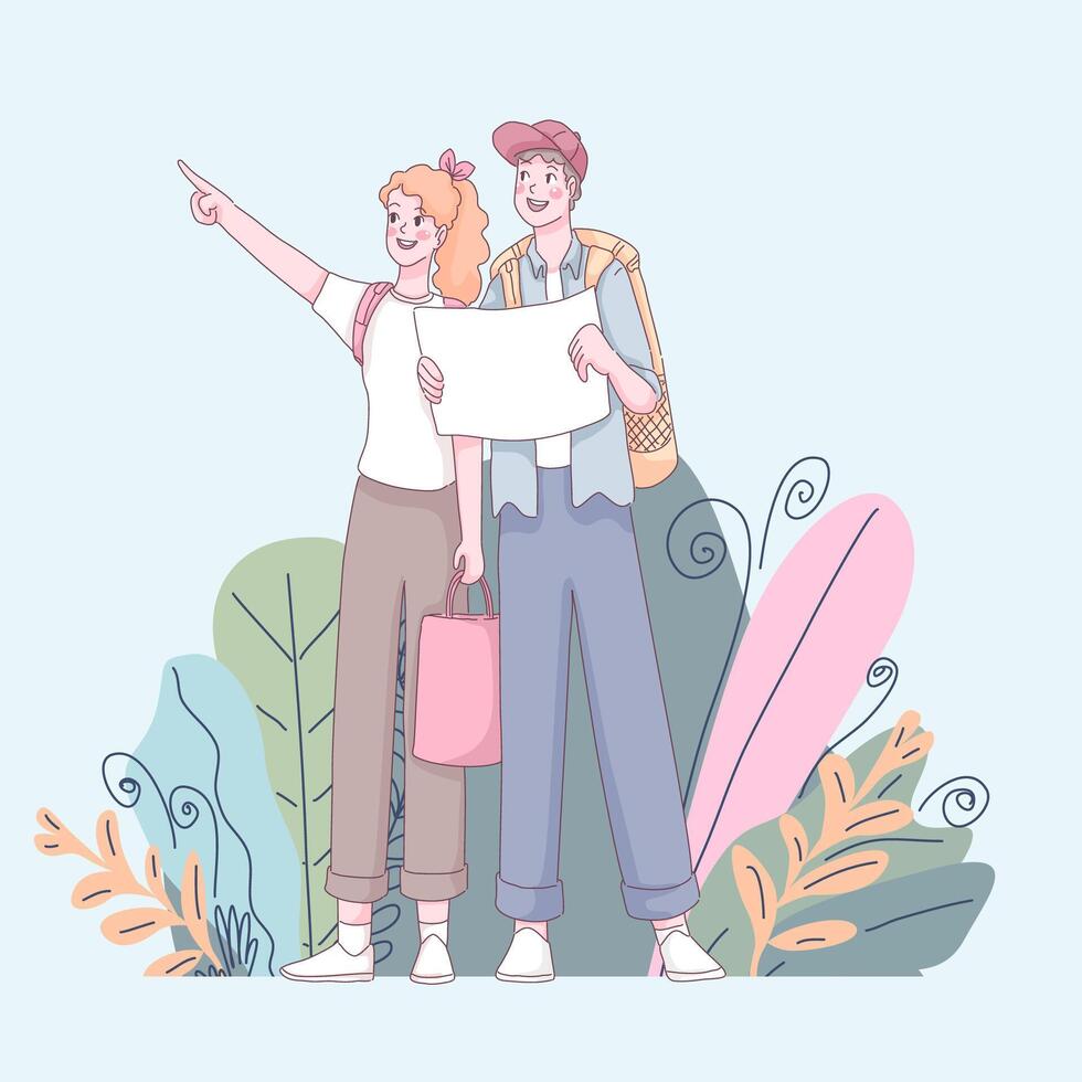 Tourists cute couple with map and backpacks Adventure travel vector