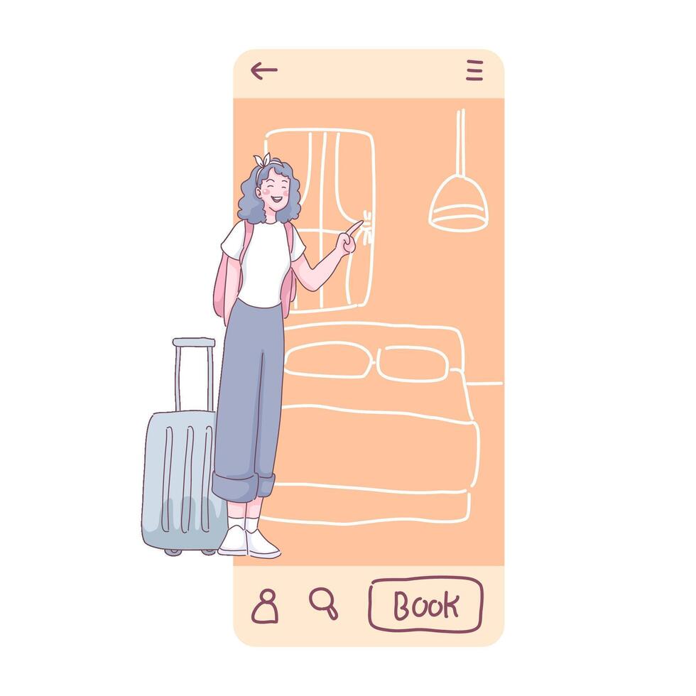 Young woman book accommodation through application on smartphone vector