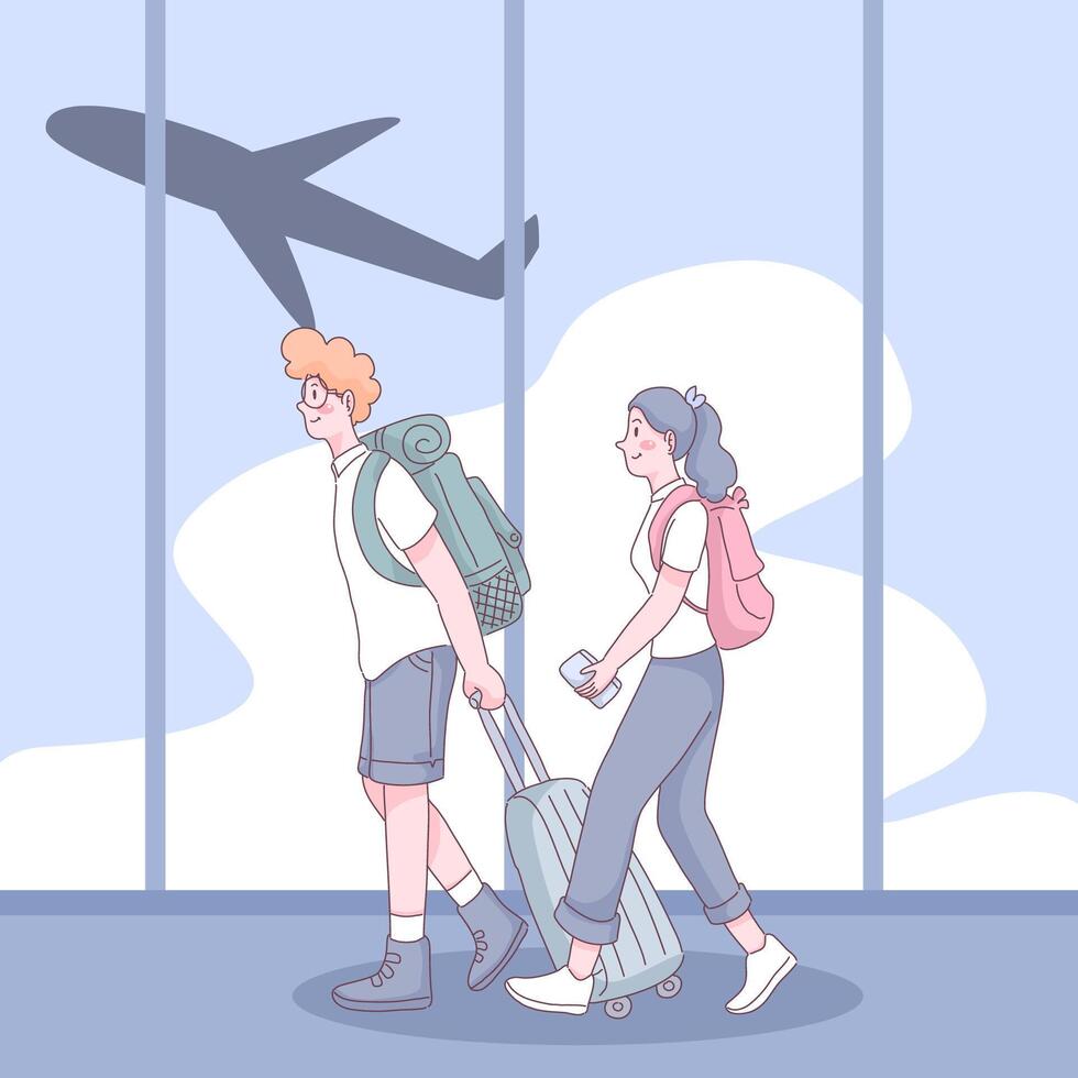 Young Backpackers couple drag their luggage at the airport vector