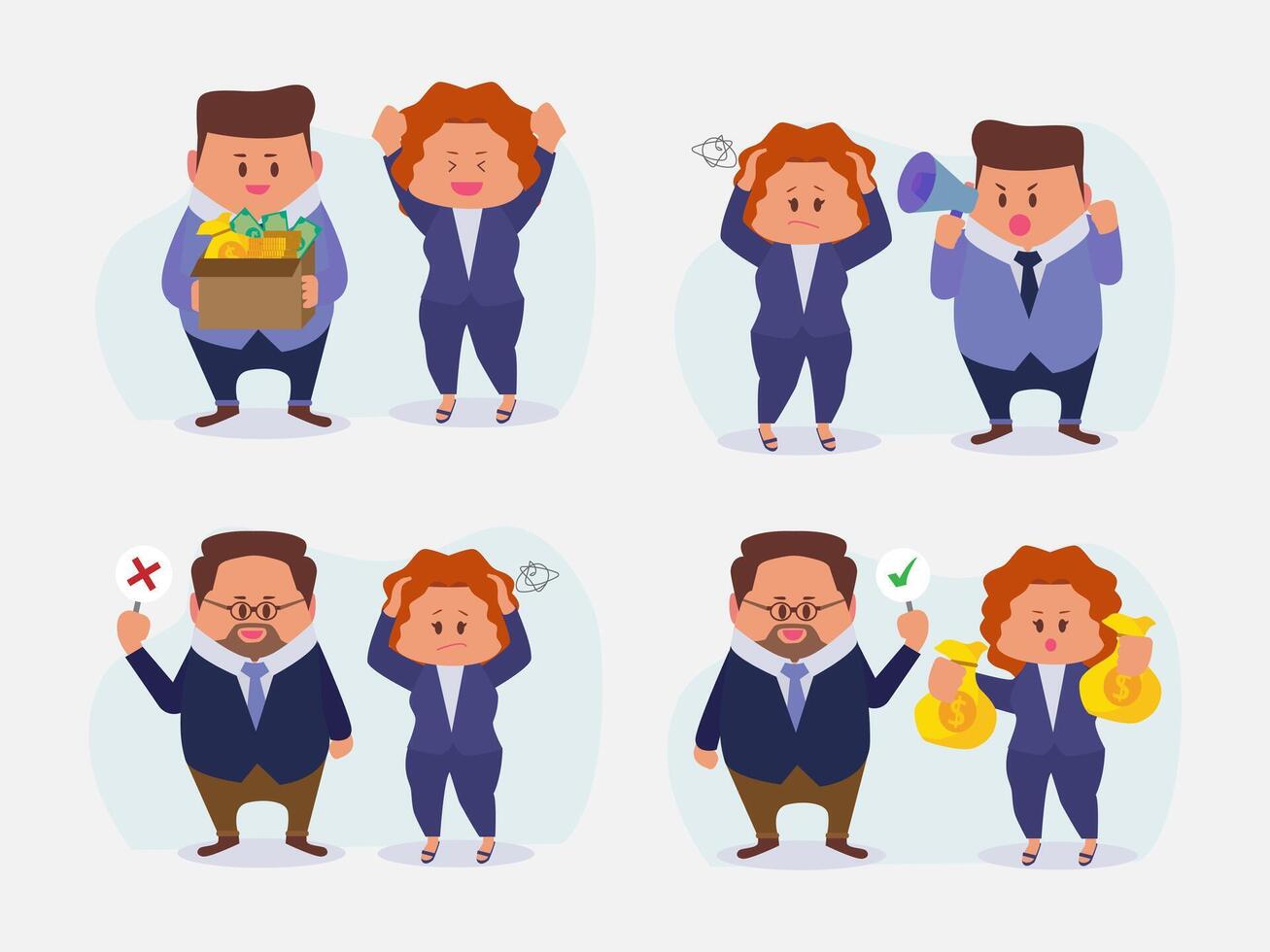 set of businessman and young worker female with difference feeling vector