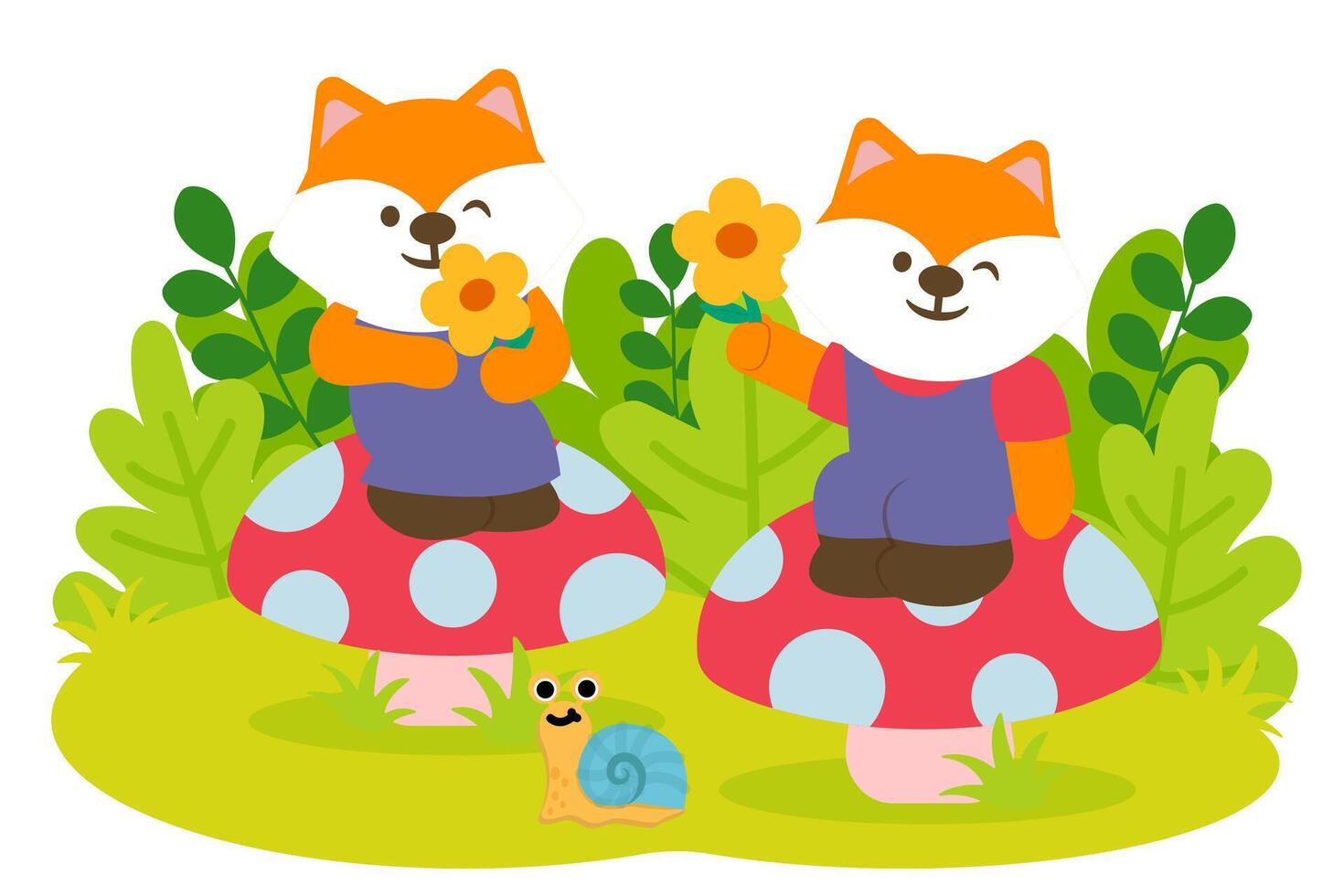 Fox couple Happily admire the flowers in park vector