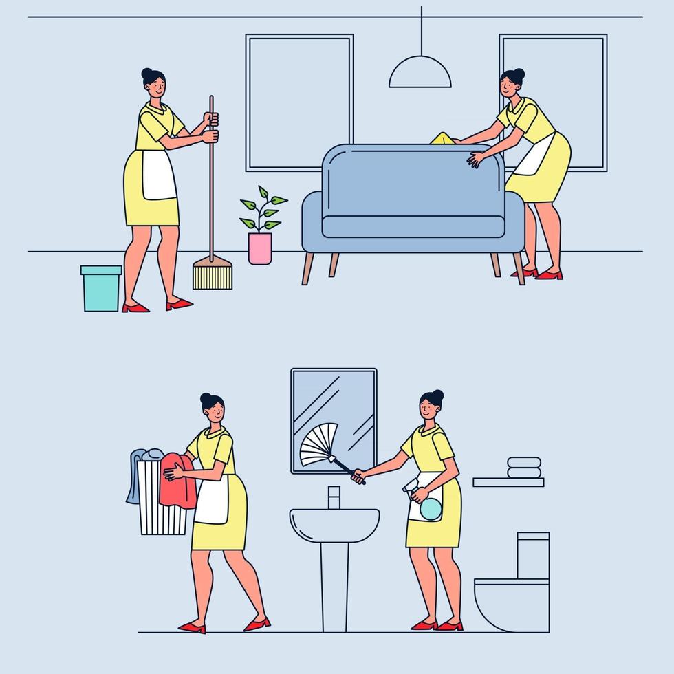 Set of affairs woman housewife. Sweep the floor, Cleaning sofa, Washing cloth, Cleaning toilet. vector
